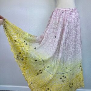 Vtg Pretty Fancy 100% Silk Shimmer Ombre Maxi Skirt Pink/Yellow Floral Beaded